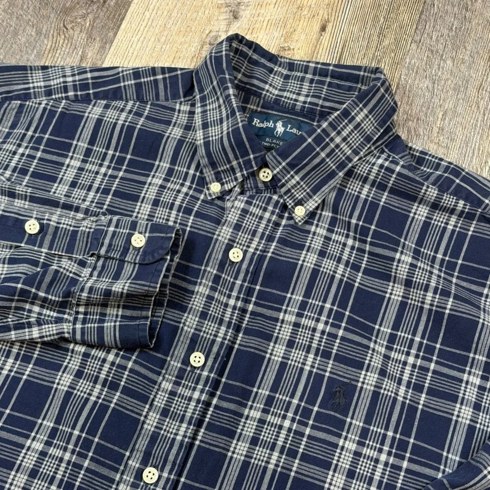 Polo Ralph Lauren Blake Mens XL Navy Blue Plaid Two-Ply Cotton Button Down Shirt